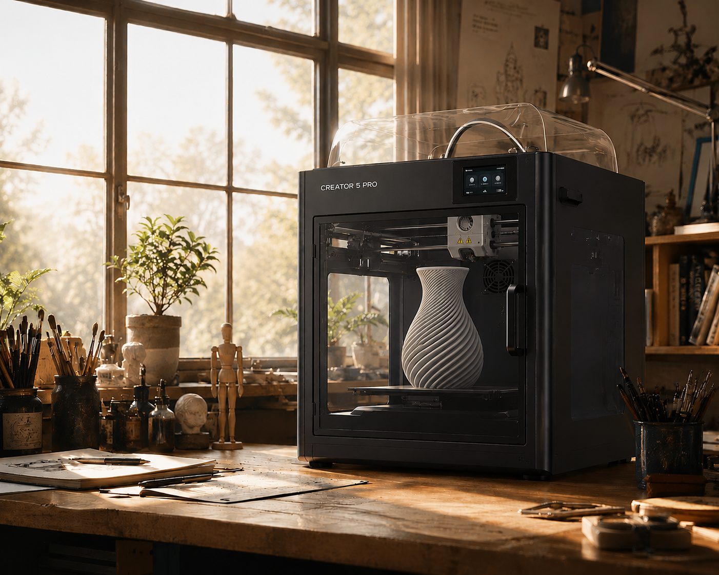 A Creator 5 Pro 3D printer printing a spiral vase in a warm, sunlit studio workshop